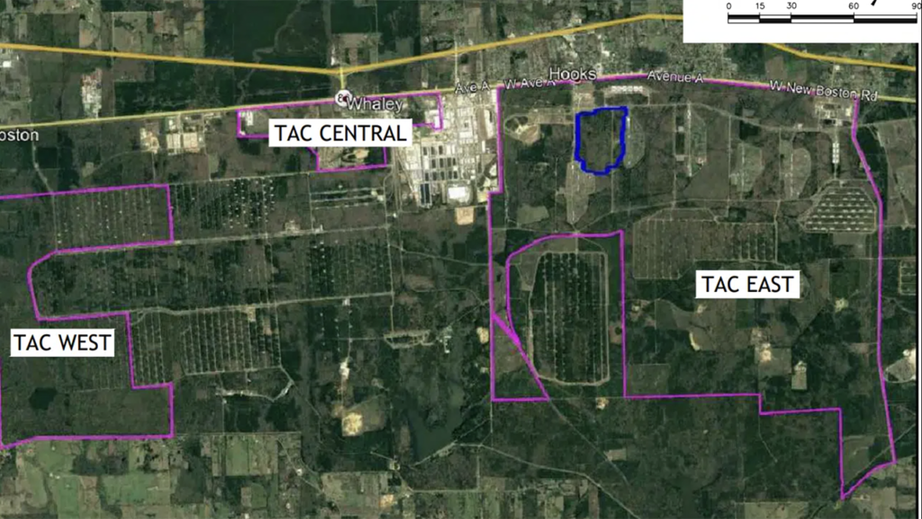 The new Brazos industrial development site is on the TexAmericas Center East Campus in Hooks, Tex., which is two hours east of Dallas and two hours southwest of Little Rock. (TexAmericas Center Map)
