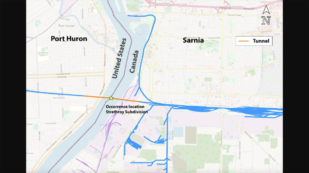 Map showing the June 28, 2019, route of CN train M38331-27 the derailment location. (Source: Railway Association of Canada, Canadian Rail Atlas, with TSB annotations)