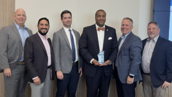 LyondellBasell has awarded UP for “safe, reliable service.” Representing the railroad at an awards presentation were Marty Russell, General Director-Sales, left, and Senior Managers-Train Operations Ryan Broeckelmann and Chad Toussaint, third and fourth from left. (UP Photograph)