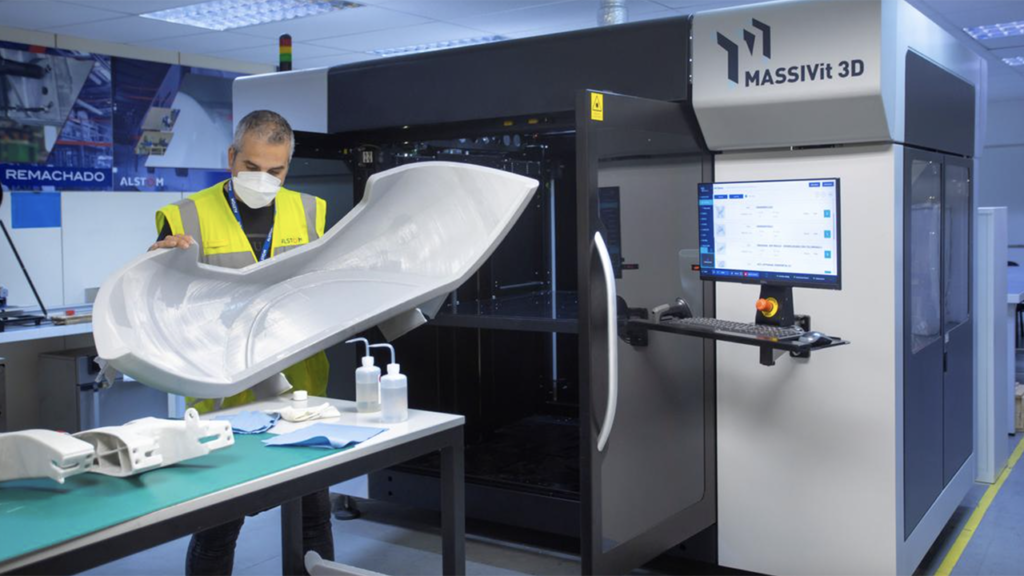 Additive manufacturing, also known as 3D printing, enables faster delivery and reduced costs. Since 2016, Alstom’s 3D-printed parts offering has been growing, with now almost 40,000 parts printed per year. (Caption and Photograph Courtesy of Alstom)