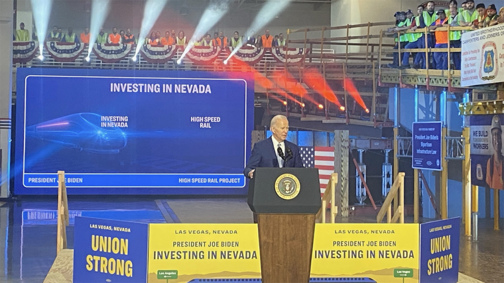 President Joe Biden joined elected officials from Nevada and California to formally announce that the Nevada Department of Transportation has received $3 billion in funding from the Federal-State Partnership for Intercity Passenger Rail Grant Program for Brightline West. (Brightline West Photograph)