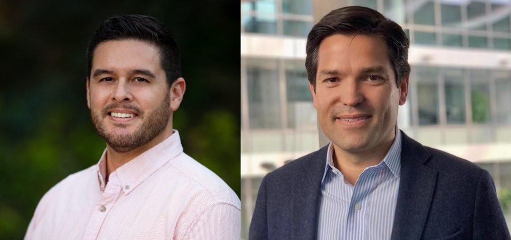 Tim Newhard, Vice President of Training and Media Services, RailPros (left); and Aymeric Sarrazin, President of Digital & Integrated Systems, Alstom (right).