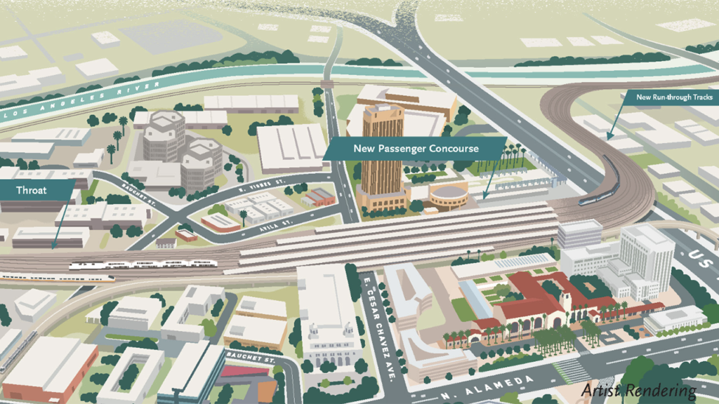 The Los Angeles Union Station modernization project’s major components include new lead tracks, elevated rail yard and platforms; new concourse-related improvements, including new escalators, elevators and canopies; new run-through tracks south of the station over U.S.-101; accommodation of the planned California high-speed rail system; new rail communications, signals and safety improvements; and off-site improvements to the BNSF Malabar Yard. (Image Courtesy of LACMTA)