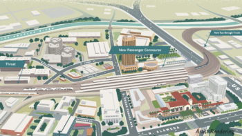 The Los Angeles Union Station modernization project’s major components include new lead tracks, elevated rail yard and platforms; new concourse-related improvements, including new escalators, elevators and canopies; new run-through tracks south of the station over U.S.-101; accommodation of the planned California high-speed rail system; new rail communications, signals and safety improvements; and off-site improvements to the BNSF Malabar Yard. (Image Courtesy of LACMTA)