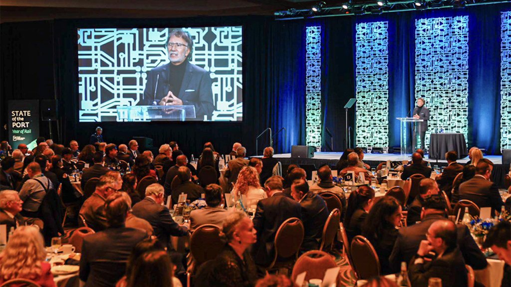 “At the end of this decade, the Port of Long Beach will be on the cusp of not only operational transformation given our rail investment, but also environmental transformation—to a zero-emission port,” CEO Mario Cordero said during his seventh annual “State of the Port” address. (POLB Photograph)