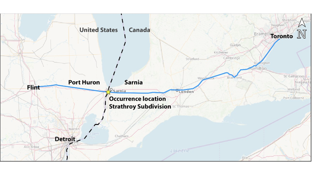Map showing the June 28, 2019, route of CN train M38331-27 the derailment location. (Source: Railway Association of Canada, Canadian Rail Atlas, with TSB annotations)