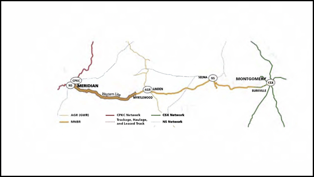 This map shows the lines of Genesee & Wyoming-owned Meridian & Bigbee Railroad (MNBR) in relation to other rail lines in the territory and the principal geographic points in the region traversed. (Map Courtesy of CPKC)