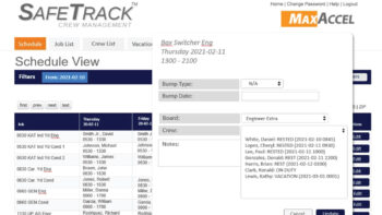 MaxAccel’s SafeTrack platform offers a core set of crew management functions, including employee certification status, extra board management, employee communications, HOS compliance, job/territory qualification, and payroll with claims and arbitraries. (Image Courtesy of MaxAccel)