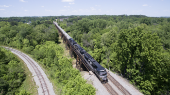 “With the increase in train size, our [grain] customers will now have to plan and coordinate their operations around fewer trains,” said Ed Elkins, NS Chief Marketing Officer. “This creates new opportunities to explore ways we can leverage the capacity this frees up for both the customer and Norfolk Southern.” (NS Photograph)