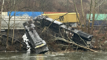 “Rescue Engine 1413 is currently on scene with a train derailment in the area of Riverside Dr. in Lower Saucon. It is reported there are no injuries, with train cars into the river. Lower Saucon Fire Rescue and Northampton County Emergency Management Services are working with multiple local and state agencies on this incident,” the Nancy Run Fire Company of Bethlehem, Pa., reported early March 2 on Facebook. (Photograph Courtesy of Nancy Run Fire Company, via Facebook)