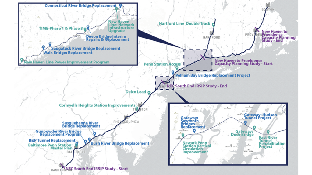FRA on Nov. 6, 2023, reported awarding $16.4 billion for 25 passenger rail projects along the Northeast Corridor (NEC) through the Federal-State Partnership for Intercity Passenger Rail Program. Amtrak was to receive nearly $10 billion for the 12 projects it will lead. (White House Graphic)