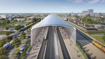 High-speed rail station design is moving forward in Central Valley, Calif.—with community engagement and input helping lead the design process. The CHSRA recently held four open houses, releasing station designs, including this one (pictured) in Fresno. (CHSRA Rendering)