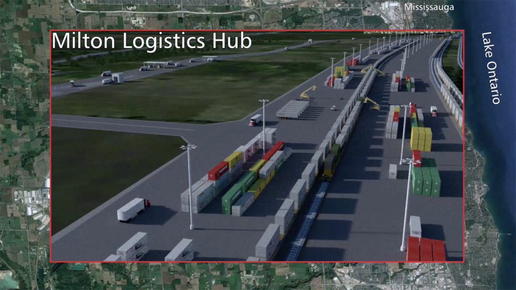 CN may continue work on its Milton intermodal terminal, which will include a rail yard with more than 12 miles of track, pending a decision by the Canadian Federal Appeal Court. It is being built in “a provincially designated significant employment zone,” on 400 of the 1,000 acres of land owned by CN east of Tremaine Road and south of Britannia Road in Milton, and adjacent to CN’s Halton Subdivision. (Screen-grab of CN video)