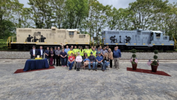 Pictured: May 17 unveiling and dedication of NSHR’s LVRR 9052 (Veterans Unit) and LVRR 9050 (Memorial Unit) on the Lundy Warehouse rail siding in Pennsylvania. (NSHR Photograph)