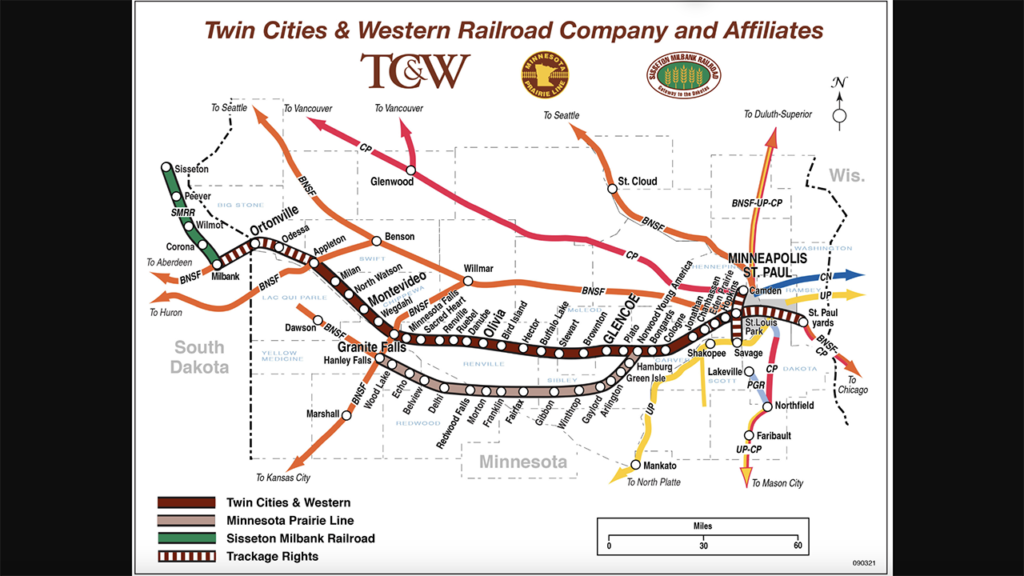 Twin Cities & Western Railroad, Railway Age’s 2008 Short Line of the Year, is receiving a $328,424 grant from the Minnesota Department of Transportation to extend the stub track over a recently acquired parcel and to create a full siding with connections to its main line, enabling greater access and track capacity to support a large transload operation. (TC&W Map)