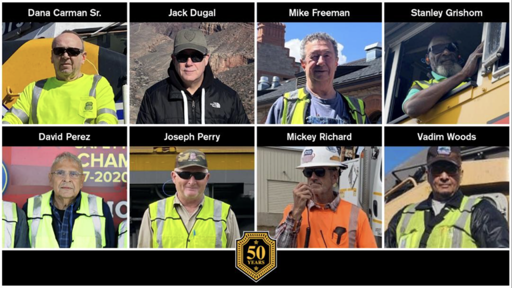 2024 50-year honorees, UP, top row, from left: Dana Carman Sr., locomotive engineer; Jack Dugal, locomotive engineer; Mike Freeman, locomotive engineer; Stanley Grishom, locomotive engineer; bottom row, from left: David Perez, locomotive engineer; Joseph Perry, yardperson; Mickey Richard, flagging foreperson; and Vadim Woods, conductor. (Image Courtesy of UP)