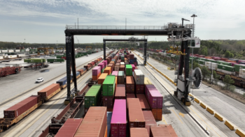 Six fully electric cranes power NS’s stacking operation at Austell, Ga., which the Class I says “represent a significant step toward reducing environmental impact and increasing operational efficiency.” (NS Photograph)