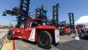 The Port of Los Angeles’ five new Taylor ZLC 996 top handlers purchased by Yusen Terminals are “human-operated” and will replace diesel-powered equipment. (Port of Los Angeles Photograph)
