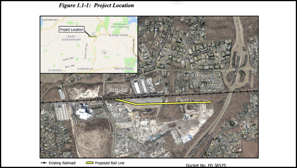 Townline is seeking authorization to construct and operate approximately 5,000 feet of new, common carrier rail line and associated switching and sidetrack in the hamlet of Kings Park, town of Smithtown, N.Y. The proposed line would connect and run parallel to the existing MTA Long Island Railroad main line, and add two daily New York & Atlantic Railway (NYA) trains (one roundtrip) to the LIRR system five days per week. (Map Courtesy of STB)