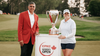 Pictured: The 2024 CPKC Women’s Open trophy presentation. According to the railroad, big crowds and memorable performances during the Open helped it to raise C$4.3 million for heart health in Alberta. (CPKC Photograph)