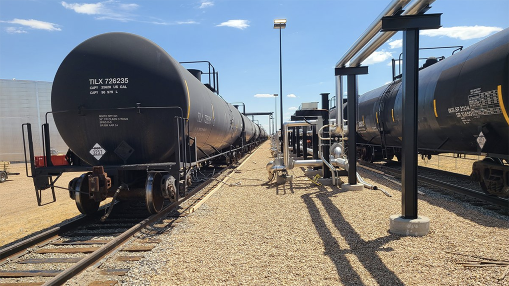 Hudson Asphalt Terminal located at BNSF’s Hudson, Colo.-based logistics center was designed and constructed by ECF Inc. of Columbia, Ill.; broke ground Oct. 1, 2023; and started unloading its first railcars last month. (BNSF Photograph)