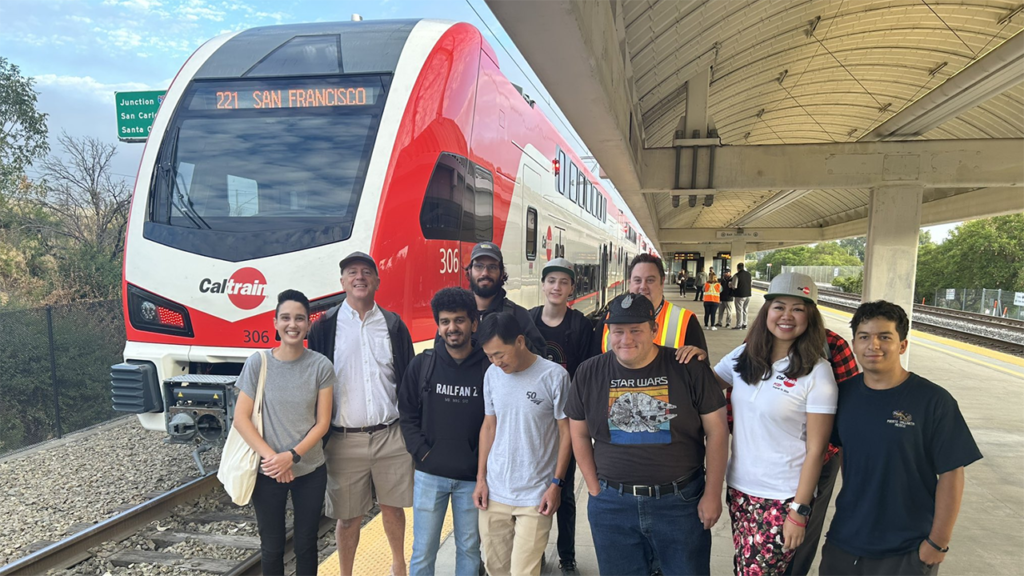 “First Electric service train has departed, these were the bold explorers who ventured with us,” Caltrain reported on social media platform X at 10:20 a.m. on Aug. 11. (Caltrain Photograph)