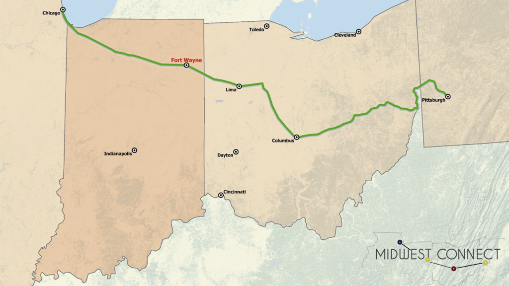 The Midwest Connect Passenger Rail Project is slated to connect connect Fort Wayne, Ind., to Pittsburgh and Chicago. (Map Courtesy of Fort Wayne, Ind.)