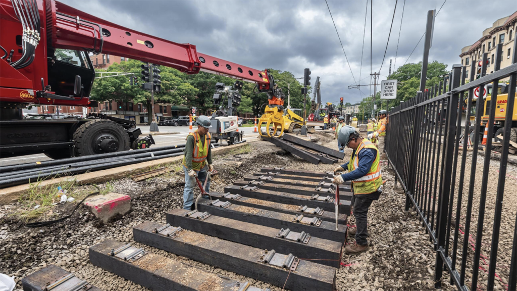 MBTA crews and contractors earlier this month replaced track and ties along the Green Line B Branch. (Photograph Courtesy of MBTA Customer and Employee Experience Department)