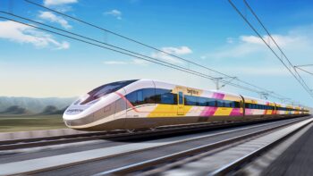 Rendering of the Siemens Mobility AP 220 high-speed trainset for Brightline West. (Courtesy of Siemens Mobility)