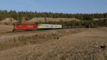 “Joining the consist of diesel locomotives, CP 1200 hauled a loaded bulk train from Sparwood, B.C. to Golden, B.C. and back,” CPKC reported Sept. 16 via social media platform X (formerly known as Twitter). (Screen Grab of CPKC Video)