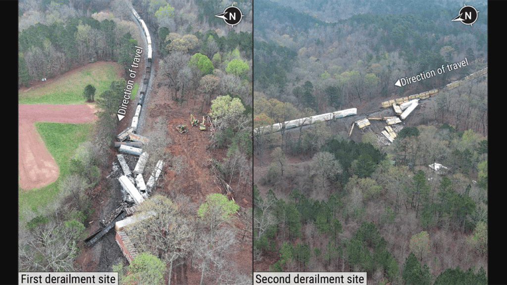 Aerial view of the first derailment site (left) and the second derailment site (right). (NS Image, Courtesy of NTSB)​