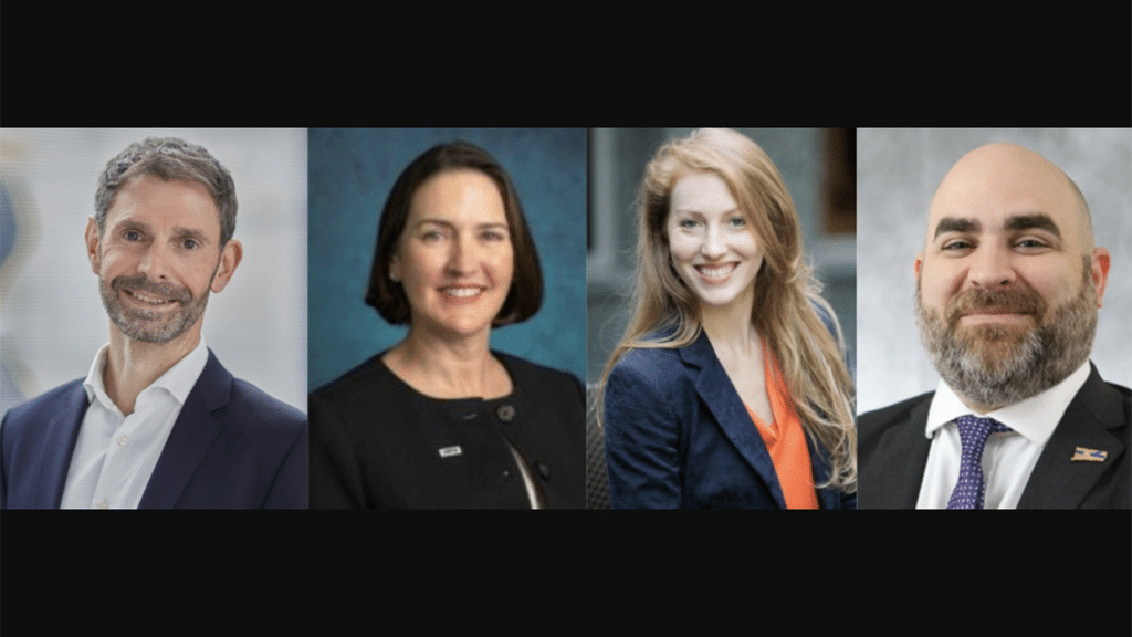 Pictured (from left to right): Tobias Atzler, Siemens AG; Grace Madden and Jennifer Schultz, HNTB; and Garrett Eucalitto, AASHTO. (Photographs courtesy of the respective organizations)