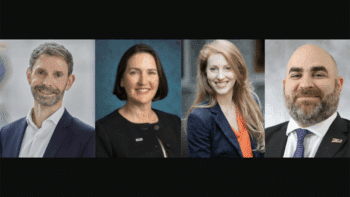 Pictured (from left to right): Tobias Atzler, Siemens AG; Grace Madden and Jennifer Schultz, HNTB; and Garrett Eucalitto, AASHTO. (Photographs courtesy of the respective organizations)