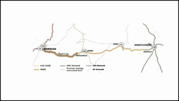 This map shows the lines of Genesee & Wyoming-owned Meridian & Bigbee Railroad (MNBR) in relation to other rail lines in the territory and the principal geographic points in the region traversed. (Map Courtesy of CPKC)
