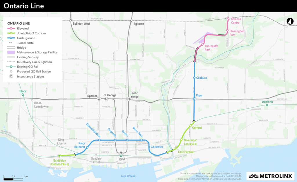 Work has officially begun along all parts of the 9.7-mile (15.6-kilometer), 15-station Ontario Line subway, which will run from Exhibition Place through the downtown core and connect to the Eglinton Crosstown LRT at Don Mills Road. (Map Courtesy of Metrolinx)