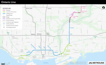 Work has officially begun along all parts of the 9.7-mile (15.6-kilometer), 15-station Ontario Line subway, which will run from Exhibition Place through the downtown core and connect to the Eglinton Crosstown LRT at Don Mills Road. (Map Courtesy of Metrolinx)
