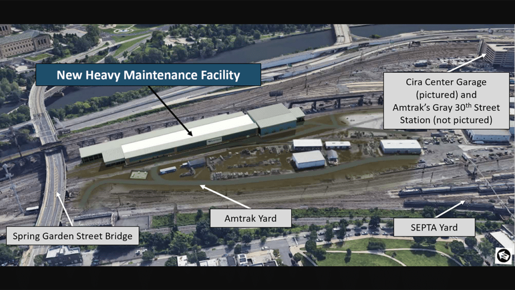 Rendering of Amtrak’s new 350,000 square-foot heavy maintenance facility at Penn Coach Yard in Philadelphia, Pa. (Courtesy of Amtrak)