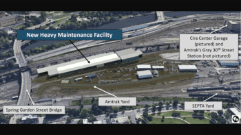Rendering of Amtrak’s new 350,000 square-foot heavy maintenance facility at Penn Coach Yard in Philadelphia, Pa. (Courtesy of Amtrak)