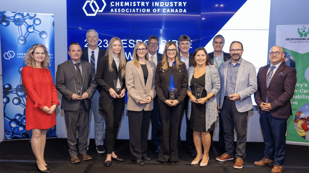 CIAC recently presented Responsible Care Awards to 12 companies, including GATX Corp. Pictured, left to right: Kara Edwards (CIAC), Tyler Yates (GATX), Jeff Nee (GATX), Alicia Pope (Inter Pipeline), Alicia Chapman (Inter Pipeline), Mike Bélanger, Emily Fattore (ERCO Worldwide), Ron Koniuch (CCC Sulphur Products), Dr. Ronda Gras (Dow Canada), Diego Ordonez (Dow Canada), James Brown (Dow Canada), and Bob Masterson. (Caption and Photograph Courtesy of CIAC)