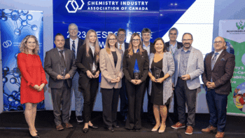 CIAC recently presented Responsible Care Awards to 12 companies, including GATX Corp. Pictured, left to right: Kara Edwards (CIAC), Tyler Yates (GATX), Jeff Nee (GATX), Alicia Pope (Inter Pipeline), Alicia Chapman (Inter Pipeline), Mike Bélanger, Emily Fattore (ERCO Worldwide), Ron Koniuch (CCC Sulphur Products), Dr. Ronda Gras (Dow Canada), Diego Ordonez (Dow Canada), James Brown (Dow Canada), and Bob Masterson. (Caption and Photograph Courtesy of CIAC)