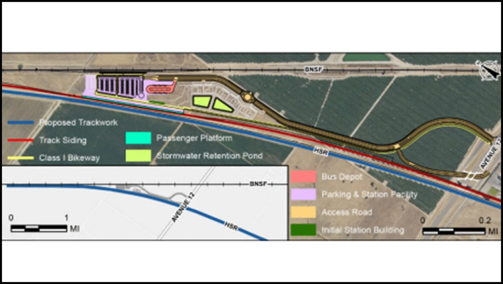 The Madera High-Speed Rail Station Project involves designing and constructing the Madera Station in California through improvements at the relocated Madera Amtrak Station location. These include new platforms, trackwork, an overhead contact system, a bus depot, expanded auto parking, an access roadway network, a multi-use path, and a station building. (Image Courtesy of USDOT)