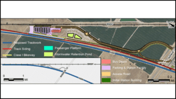 The Madera High-Speed Rail Station Project involves designing and constructing the Madera Station in California through improvements at the relocated Madera Amtrak Station location. These include new platforms, trackwork, an overhead contact system, a bus depot, expanded auto parking, an access roadway network, a multi-use path, and a station building. (Image Courtesy of USDOT)