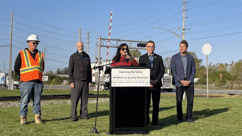 Canadian Minister of Transport and Treasury Board President Anita Anand on Oct. 11 announced funding for 231 projects to improve railway safety across Canada. (Transport Canada Photograph)