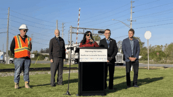 Canadian Minister of Transport and Treasury Board President Anita Anand on Oct. 11 announced funding for 231 projects to improve railway safety across Canada. (Transport Canada Photograph)
