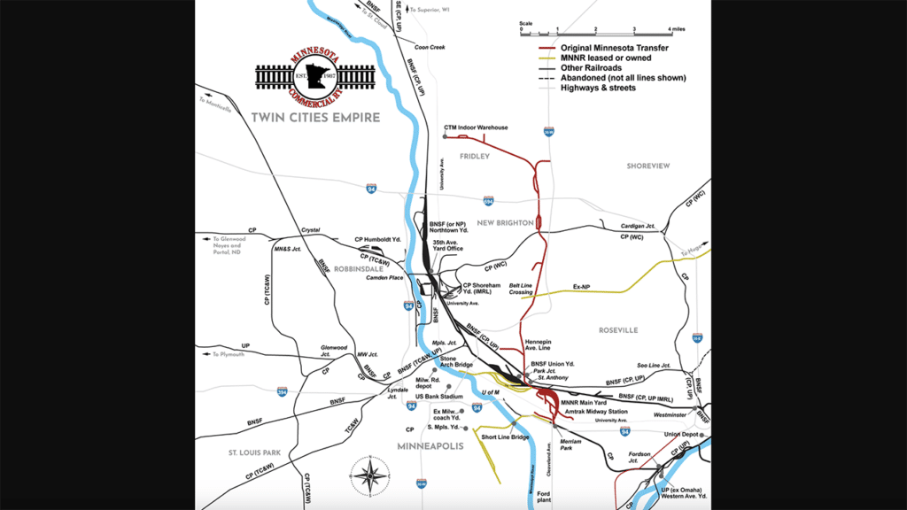 Minnesota Commercial Railway’s (MNRR) 86-mile network stretches from the City of Hugo on the far north to South Minneapolis on the south. It serves more than 80 customers. (Map Courtesy of MNNR)