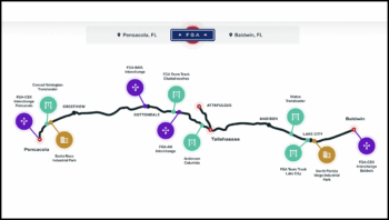 FGA operates 430 miles of track, running east/west along the I-10 corridor between Baldwin, Fla., and Pensacola, Fla., with a branch line that runs between Tallahassee, Fla., and Attapulgus, Ga. It interchanges daily with CSX in Baldwin and Pensacola, as well as with AN Railway in Chattahoochee, Fla. (Map Courtesy of Pinsly Railroad Company)