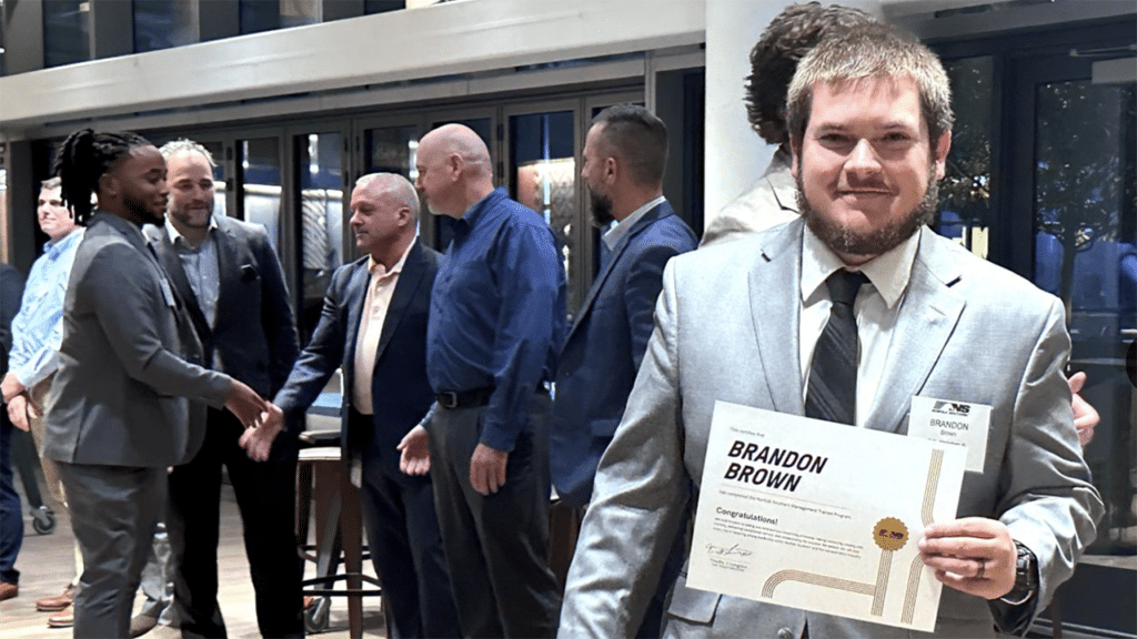 “From mastering railroad operations to earning their Conductor certifications at the NS Training Center, they’ve built the skills, knowledge, and confidence to excel in their careers,” NS said of the graduates of its Rail Transportation Management Trainee program. The railroad recently recognized nearly 50 graduates in its Atlanta, Ga., headquarters. (NS Photograph)