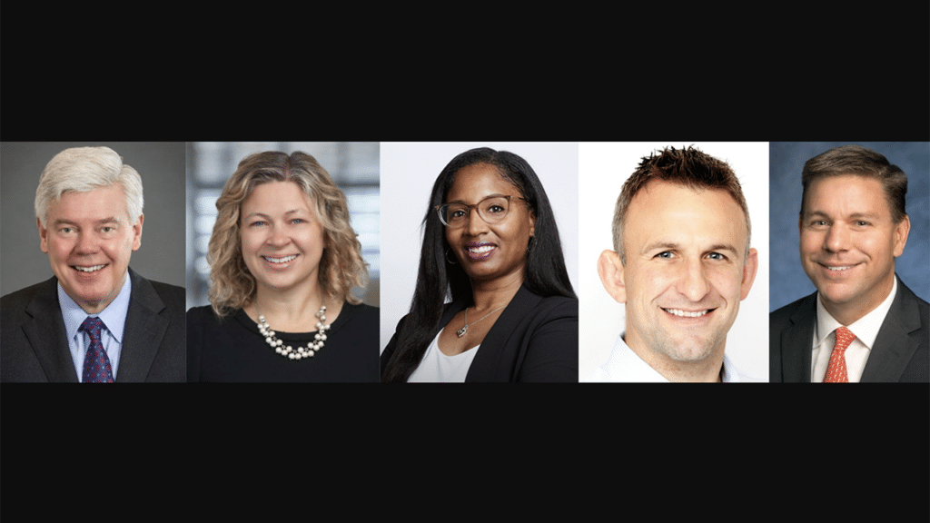 Pictured (L to R): Union Pacific’s Craig Richardson and Christina Conlin; Norfolk Southern’s Jackie Peets; IntelliTrans’s Matt Everson; and Savage’s Josh Anders. (Photographs courtesy of the respective companies)