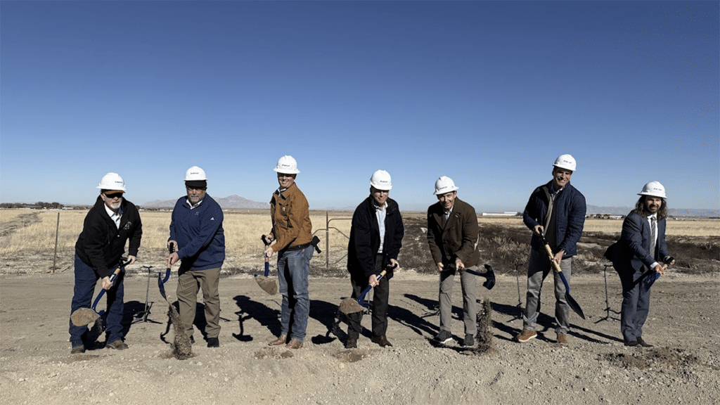 Pictured at the Nov. 7 groundbreaking ceremony for the Savage Tooele Railroad are (L-R): Grantsville City Mayor Neil Critchlow, Tooele County Council Chair Jared Hamner, Utah Gov. Spencer J. Cox, Savage CEO Kirk Aubry, U.S. Senator-elect John Curtis (R-Utah), The Romney Group President and CEO Josh Romney, and Utah Rep. Tim Jimenez (R-District 28). (Savage Photograph)