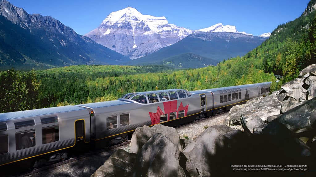 VIA Rail Canada released this rendering of the locomotives and cars that will be acquired to replace the current “pan-Canadian” fleet that runs outside the Québec City–Windsor corridor. (Rendering Courtesy of VIA Rail)